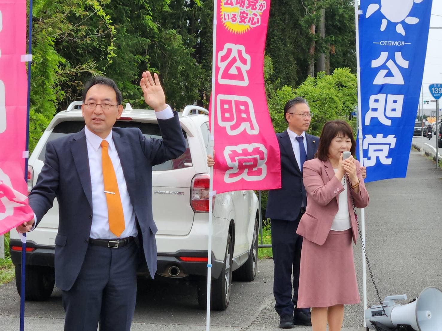 川育子 県議、佐野寿夫 市議、齋藤和文 市議、山藤陽子 市議と一緒に、富士宮市内で街頭演説